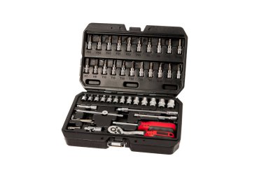 Repair tool set in an open plastic case on a white background.