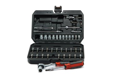 Repair tool set in an open plastic case on a white background.