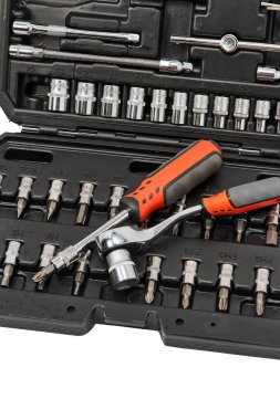 Tool set in an open plastic case.