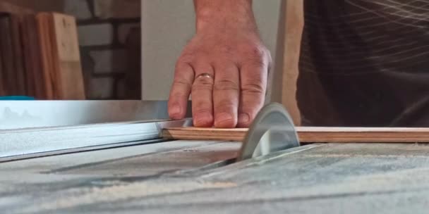 Homem Carpinteiro Serra Placas Com Serra Circular Oficina Voando Poeira — Vídeo de Stock