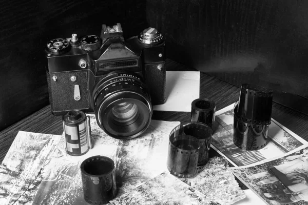 Eski Model Kamera Film Ruloları Eski Fotoğraflar Eğik Görüş Kayan — Stok fotoğraf