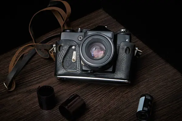 Παλιά Φωτογραφική Μηχανή Φιλμ Μια Χρονοβόρα Θήκη Κορυφαία Προβολή — Φωτογραφία Αρχείου