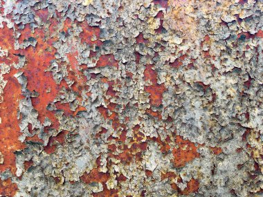 Metal yüzeydeki pas ve soyulmuş boya dokusu. Soyut endüstriyel arkaplan, tasarım projeleri, posterler ve grafik örtüleri için mükemmel.