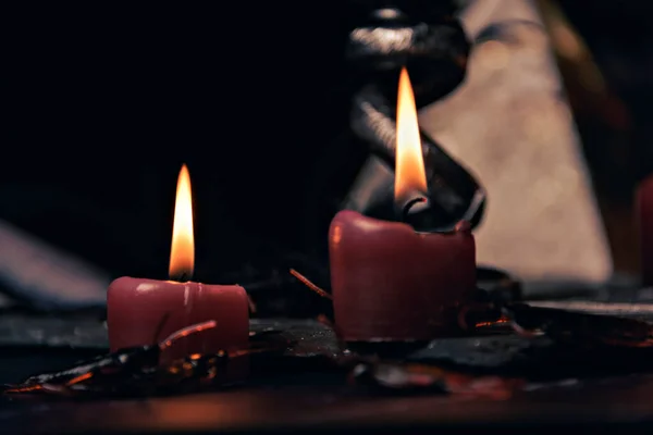 Composición Brujería Con Velas Libro Mágico Símbolo Pentagrama Altar Para — Foto de Stock