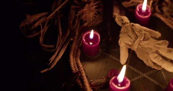 Occultist Dripping Hot Wax Voodoo Doll Magic Rituals Black Spell — Stockvideo