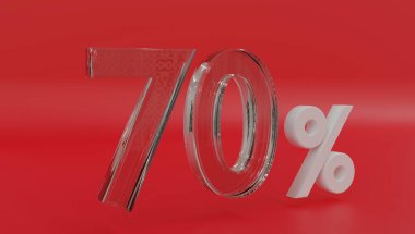 Sale up to 70 red sign. Decoration with number cristals. 3d rendering