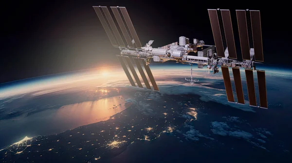 Mezinárodní Vesmírná Stanice Kosmická Loď Pozadí Vzestupu Sun Obrázek Stock Snímky