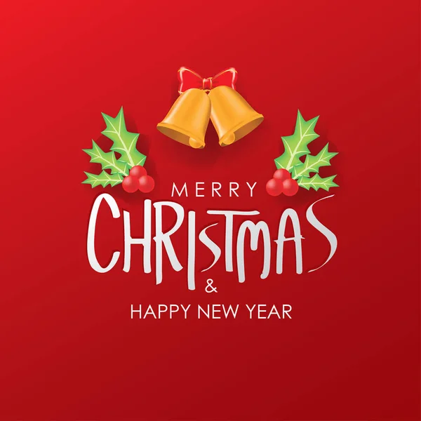 メリークリスマスと幸せな新年の挨拶赤い背景ベクトルのデザインにクリスマスの鐘 ポスター カード — ストックベクタ