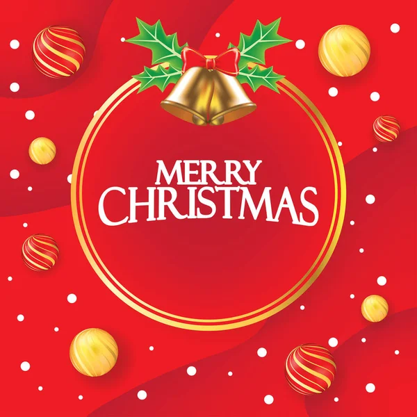 メリークリスマスと幸せな新年の挨拶クリスマスボールと赤い背景ベクトルのデザインに鐘 ポスター カード — ストックベクタ