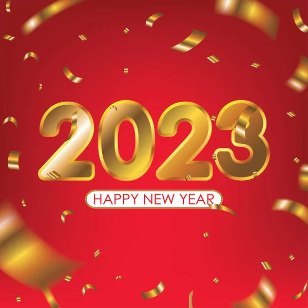 2023 Happy New Year Greeting Scattered Gold Confetti Red Background — 스톡 벡터