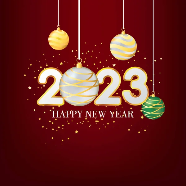 2023 Ευτυχισμένο Νέο Έτος Χαιρετισμός Μπάλες Χριστούγεννα Κόκκινο Φόντο Εικονογράφηση — Διανυσματικό Αρχείο