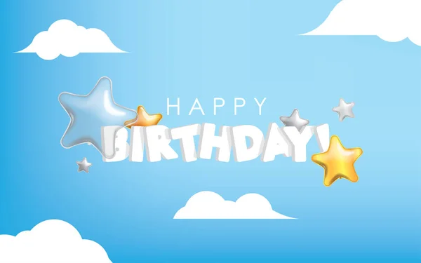 Blue Sky Happy Birthday Star Shape Balloons Clouds Vector Illustration — Vector de stock