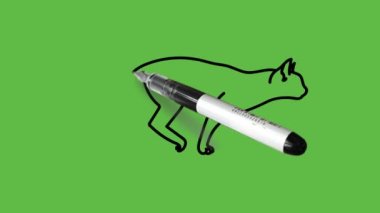 Açık ve koyu gri ve beyaz renkli ve soyut yeşil arkaplanda siyah çizgili koşan kediyi çiz