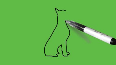 Soyut yeşil arka planda siyah çizgili arka patilerinin üzerinde oturan köpek çiz
