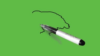 Koyu kahverengi ve beyaz renkli, soyut yeşil arka planda siyah çizgili bir kayanın üzerine oturan vahşi şahin çiz