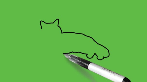 ピンクの耳と黒の輪郭を抽象的な緑の背景に光と濃い灰色の色の組み合わせで猫を描く — ストック動画