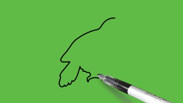 Малювати Сову Сидить Синьому Кольорі Чорним Контуром Абстрактному Зеленому Тлі — стокове відео