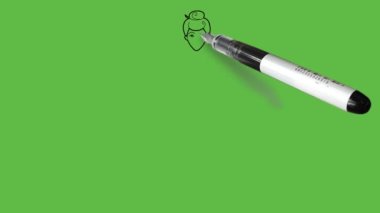 Sağ elini kalçasında ve sol elinde koyu mavi bluz, kahverengi pantolon, kırmızı ayakkabı ve soyut yeşil arka planda siyah çizgili şapka giyerek duran küçük bir kız çiz