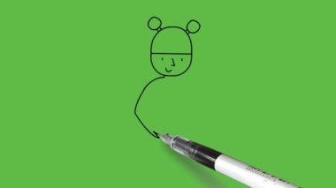 Küçük bir kız çizerek, iki eliyle kahverengi çantasını kucağında taşır. Gri kısa etek, mavi şapka ve soyut yeşil arka planda siyah çizgili ayakkabılar giyer.