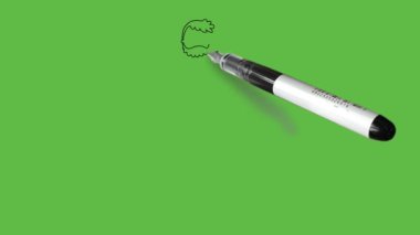 Sakal çiz genç adam gözlüklü, sağ elini ön cebinde tut ve sol elini yukarı kaldır pembe gömlek, kahverengi pantolon, kırmızı çorap, kravat ve siyah ayakkabıyla soyut yeşil arka planda siyah çizgili.