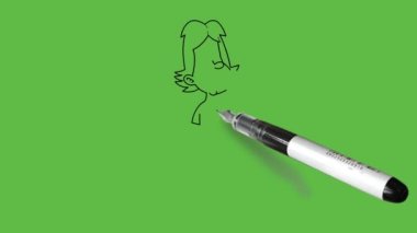 Gözyaşları ve kahverengi saçlarla dolu genç bir kız çiz sağ yumruğunu aşağıda tut ve sol elini yanağında yeşil gömlek, gri kısa etek ve mor ayakkabı, soyut yeşil arka planda siyah çizgili kemer ile yukarı kaldır.