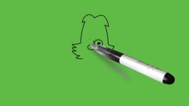 Düşünen yüzü, yuvarlak gözleri ve kahverengi saçı olan genç kızı çiz sağ elini dudaklarına daya ve soyut yeşil arka planda siyah çizgileri olan yeşil bir elbise giydiğini düşün.