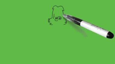 Kabarık yanaklı, yuvarlak gözlü, kahverengi saçlı yeşil gömlekli, gri etekli, mor ayakkabılı, soyut yeşil arka planda siyah çizgili iki elini çenesinde tutan genç bir kız çiz.