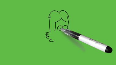 Düşünen yüzü, yuvarlak gözleri ve kahverengi saçı olan genç bir kız çiz. İki elini de yanaklarından tut. Mavi masada dirseği destekli, yeşil elbiseli, soyut yeşil arka planda siyah çizgili.