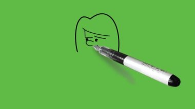 Genç kızı yuvarlak gözlü, burunlu ve gri saçlı çiz sağ el işaret parmağını dudaklara ve sol el desteğine koy sağ dirsek, soyut yeşil arka planda siyah çizgili gri bir elbise giy.