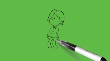 Gülen genç bir kız çiz. Yuvarlak gözler, burun ve gri saçlar geriye doğru eğil kollarını ve ellerini birlikte aç. Gri gömlekli, pembe pantolonlu ve kahverengi ayakkabılı, soyut yeşil arka planda siyah çizgili.