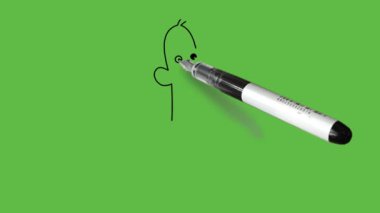 Gülen genç kel çocuğu çiz, yuvarlak gözlü ve burunlu, iki elini ve kollarını birleştirin soyut yeşil arka planda siyah çizgili sarı elbise giyin