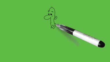 Yuvarlak gözlü ve burunlu genç bir çocuk çiz sağ elini boynuna koy ve sol elini açık tut üzerinde sarı gömlek, mavi pantolon ve soyut yeşil arka planda siyah çizgili yeşil ayakkabılar olsun.