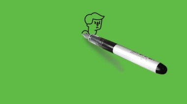 Küçük çocuk rüyalarında düz düşünerek ayakta durur ellerini açık tutar kırmızı tişört, gri knicker, siyah şapka ve soyut yeşil arka planda siyah çizgili beyaz ayakkabılar giyer.