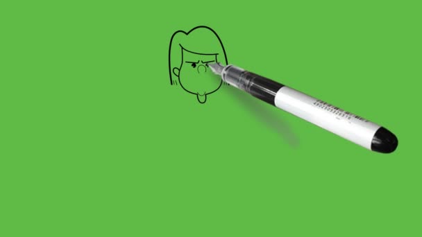 顔丸い目 灰色の髪が立っている若い女の子を描くまっすぐ彼女の両腕を組み立てます一緒にクロス手を身に着けていますグレーシャツ ピンクのパンツと茶色の履物で黒アウトライン抽象的な緑の背景 — ストック動画