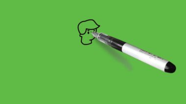 Yerde oturan küçük çocuğu çiz iki bacağını da katla ve ellerini dizlerinin üzerine koy kırmızı tişört, gri knicker, siyah şapka ve soyut yeşil arka planda siyah çizgili beyaz ayakkabılar giy.