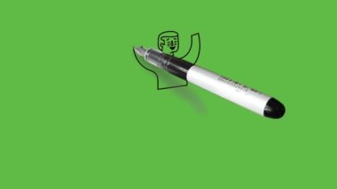 Sol bacağının üzerinde duran genç bir çocuk çiz, sağ bacağını kıvır, iki kolunu tut ve ellerini havaya kaldır kırmızı gömlek, gri pantolon ve soyut yeşil arka planda siyah çizgili beyaz ayakkabılar giyerek.