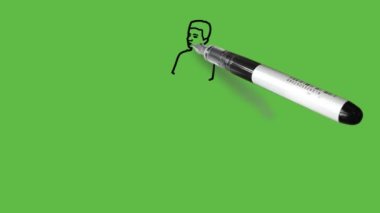 Düşünen küçük bir çocuğu düz durarak çiz sol el işaret parmağını yanağında tut ve dirseğinden yukarı doğru kıvır mavi tişört, knicker, soyut yeşil arka planda siyah çizgili ayakkabılar giyerek destek vermek için.