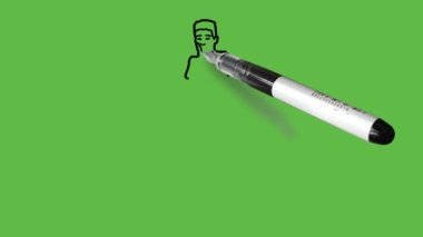 Düz duran küçük bir çocuk çiz. Mavi tişört, knicker, soyut yeşil arka planda siyah çizgili ayakkabılar giyen iki elini yüzüne koy.