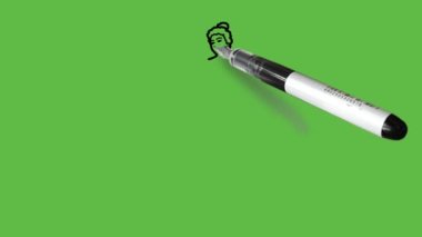 Draw girl laughing face standing on one left leg bend right, catching wrist of right arm with left hand wear pink t-shirt, blue short pant and footwear with black outline on abstract green background