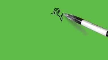 Draw young girl laughing face standing straight on toes fold both arms from elbow with open hands near shoulders wearing blue t-shirt, blue short pant and footwear with black outline on abstract green background