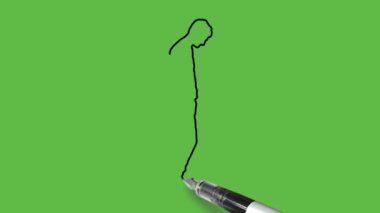 Draw young boy standing on right leg, slightly bend left leg hold right hand in pocket and see down wearing red t-shirt, grey trouser and brown footwear with black outline on abstract green background