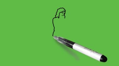 Draw young girl sitting on grey chair with open brown hair hold cross legs one upon another and left hand on mouth wearing purple t-shirt, ferozi pant and brown footwear with black outline on abstract green background