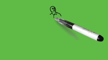 Draw young smart boy with spectacles standing see up side hold right hand near shoulder and support right elbow with left hand wearing blue shirt, trouser and footwear with black outline on abstract green background