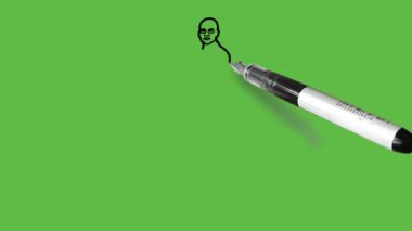 Draw young smart dark complexion boy with spectacles stand in side pose assemble arms and hands together wear blue shirt, brown trouser and footwear with black outline on abstract green background