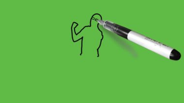 Draw young smart dark complexion bald head man with spectacles jumping in air fold both arms from elbow with fists wearing blue shirt, brown trouser and footwear with black outline on abstract green background