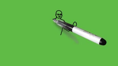 Draw dark complexion bald head man sitting in loving style hold bunch of flowers in left hand and open right hand down wear spectacles, blue shirt, brown trouser and footwear with black outline on abstract green background