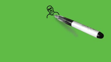 Draw young smart dark complexion bald head man fold both arms from elbows pointed index fingers upward wearing spectacles, blue shirt, brown trouser and footwear with black outline on abstract green background