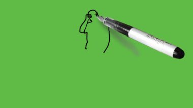 Draw young dark complexion bald man standing hold right hand on forehead and left in pocket wearing spectacles, blue shirt, brown trouser and footwear with black outline on abstract green background