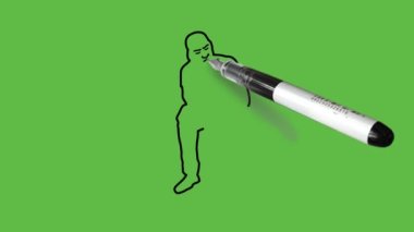Draw young dark complexion bald man sitting on box hold right hand on cheek and spectacles in left hand wearing blue shirt, brown trouser and footwear with black outline on abstract green background