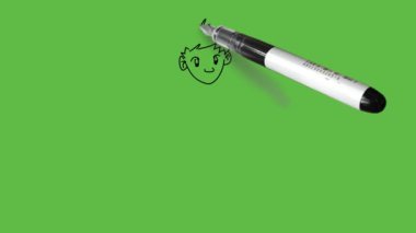 Draw little character standing boy showing both hands open up wearing shirt, knicker, cap and footwear with black outline on abstract green background